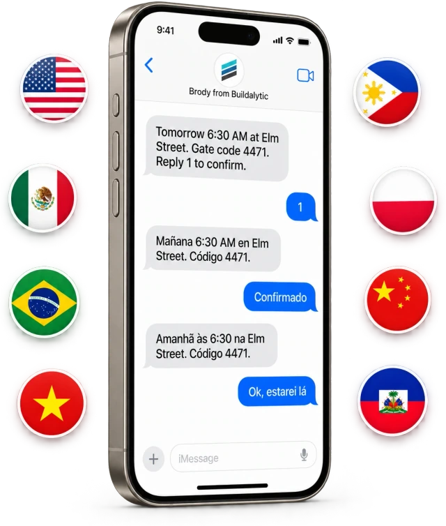 An iPhone showing a crew notice from Brody from Buildalytic answered in English, Spanish and Portuguese, with flags of the United States, Mexico, Brazil, Vietnam, the Philippines, Poland, China and Haiti around it