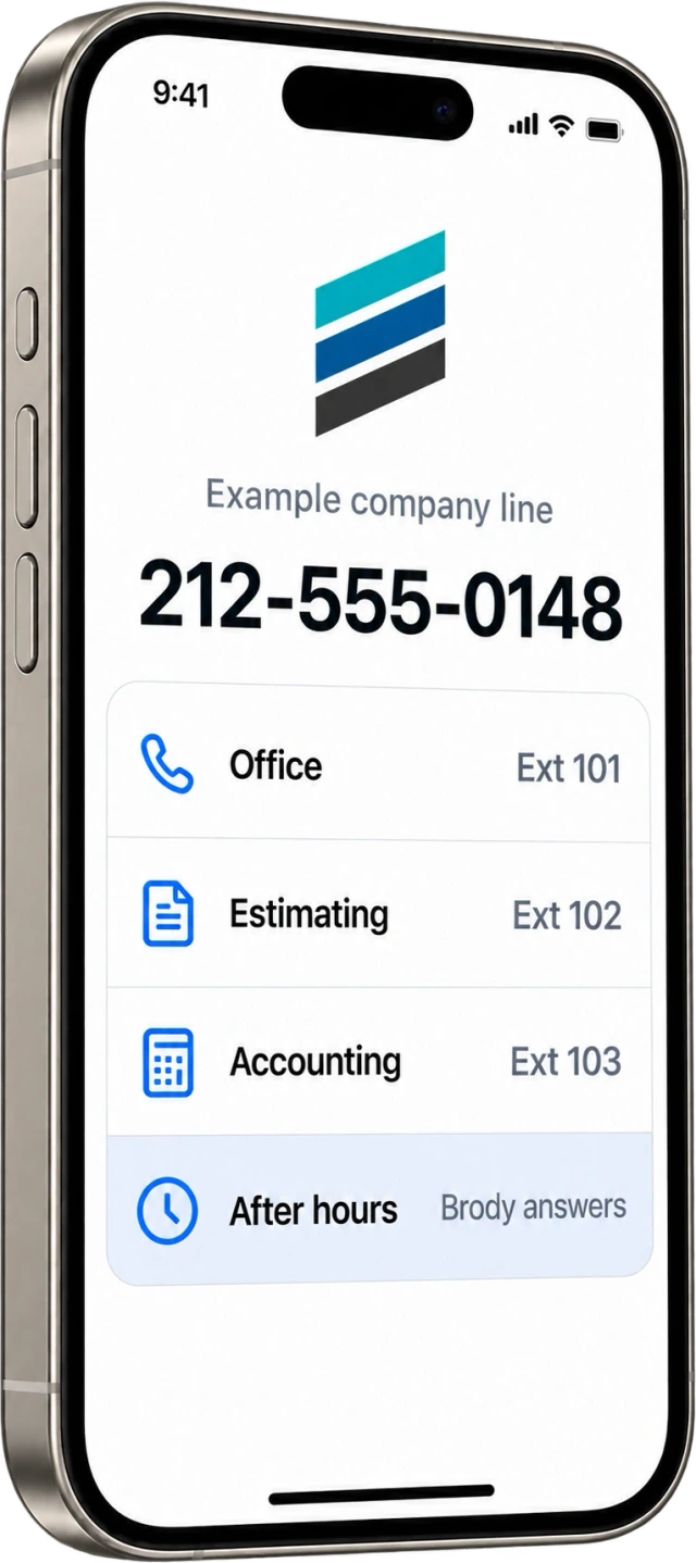 An illustrative company line, 212-555-0148, on an iPhone with office, estimating and accounting extensions and Brody answering after hours